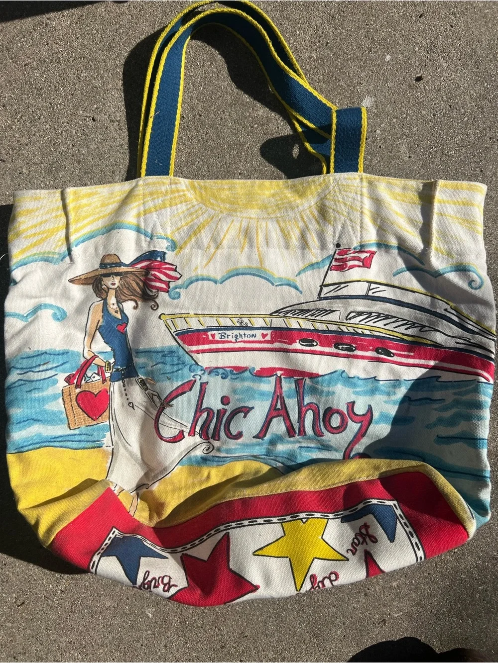 Brighton Canvas Tote with Patriotic Blue, Red & Brown Artwork